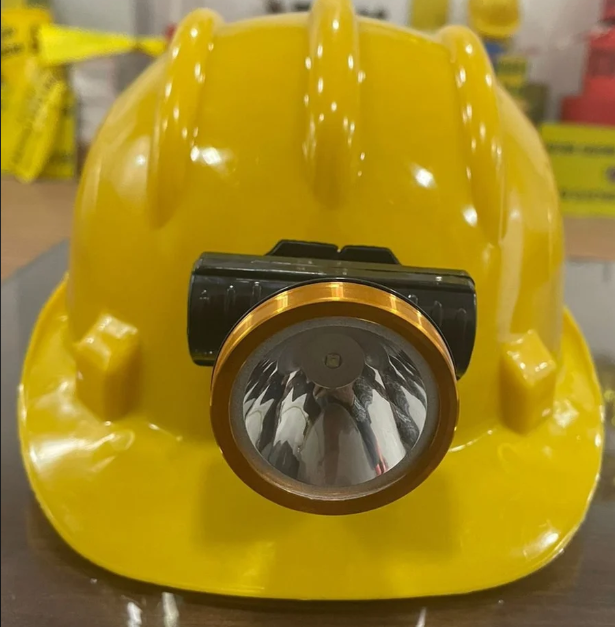 Yellow Mining Safety Helmet with Mounted High Beam LED Light